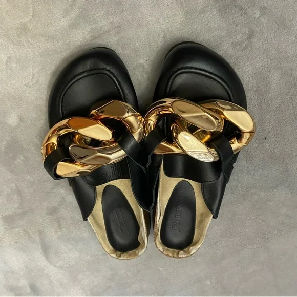 JW Anderson Black Leather Gold Chain Loafer Mules Size 6